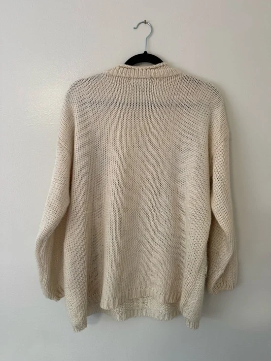 Vintage 90s Sz Lg Cottagecore Grandma Knit Chunky Neutral Sweater Patchwork Tan - Picture 11 of 16